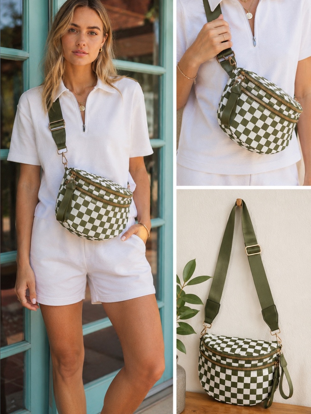 Olive Green Checkerboard Checkered Crossbody Belt Bag Purse NWOT